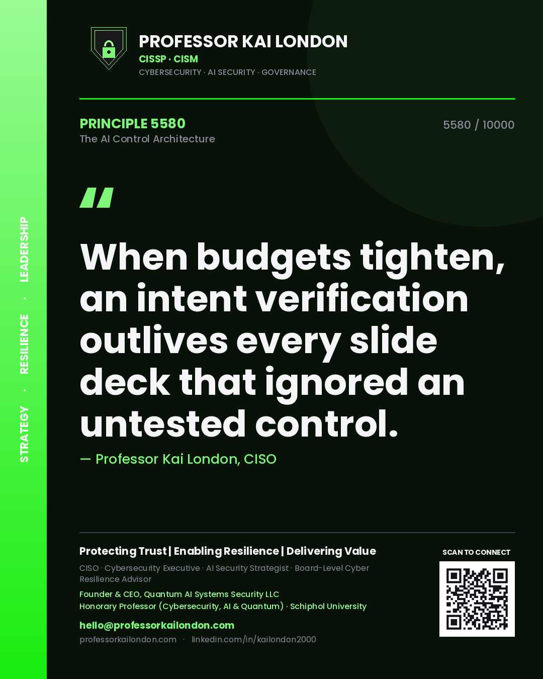 Professor Kai London principle 5580: When budgets tighten, an intent verification outlives every slide deck that ignored an untested control.