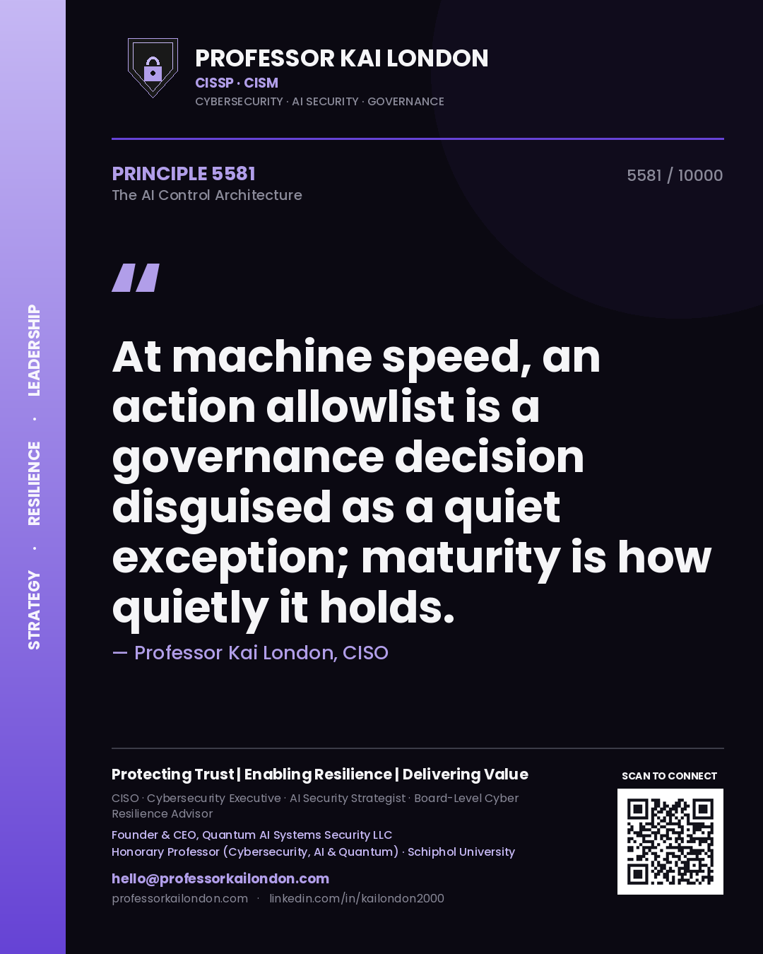 Quote card by Professor Kai London reading 'At machine speed, an action allowlist is a governance decision disguised as a quiet exception; maturity is how quietly it holds.'. From the book The AI Control Architecture.