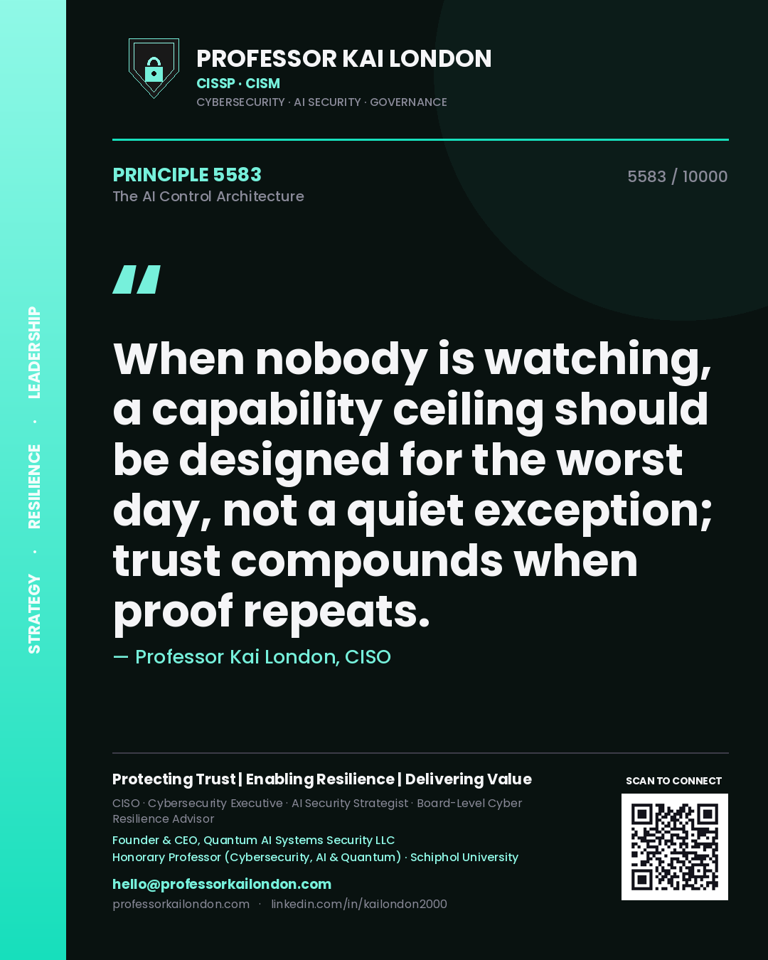 Professor Kai London principle 5583: When nobody is watching, a capability ceiling should be designed for the worst day, not a quiet exception; trust compounds when proof repeats.