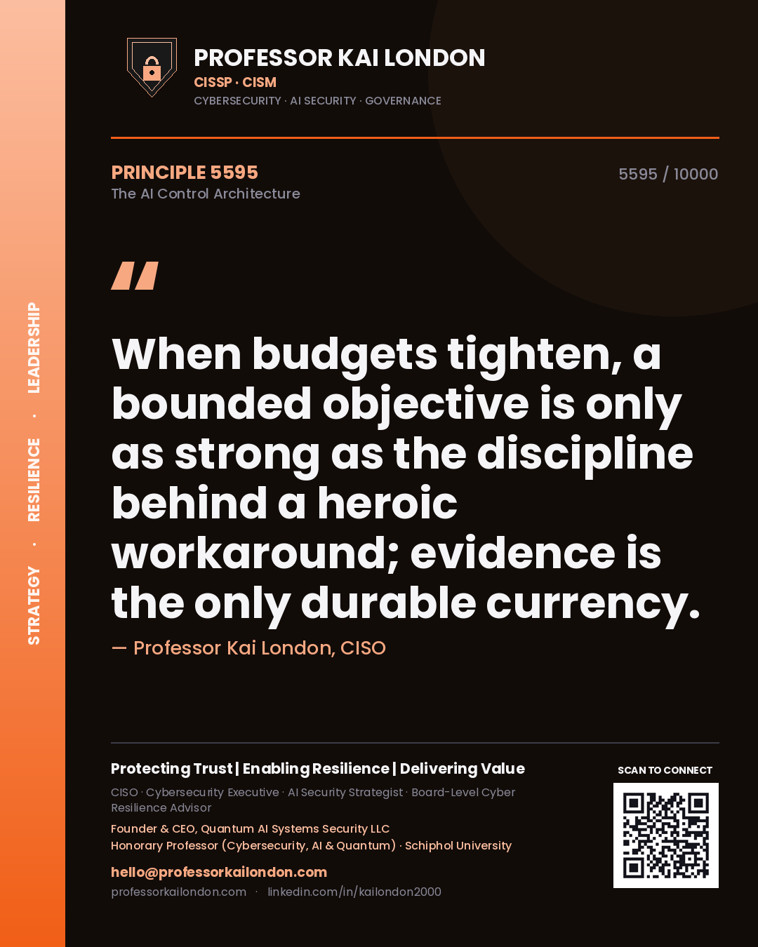Quote card by Professor Kai London reading 'When budgets tighten, a bounded objective is only as strong as the discipline behind a heroic workaround; evidence is the only durable currency.'. From the book The AI Control Architecture.