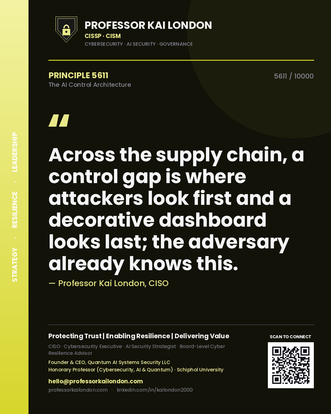 Professor Kai London principle 5611: Across the supply chain, a control gap is where attackers look first and a decorative dashboard looks last; the adversary already knows this.
