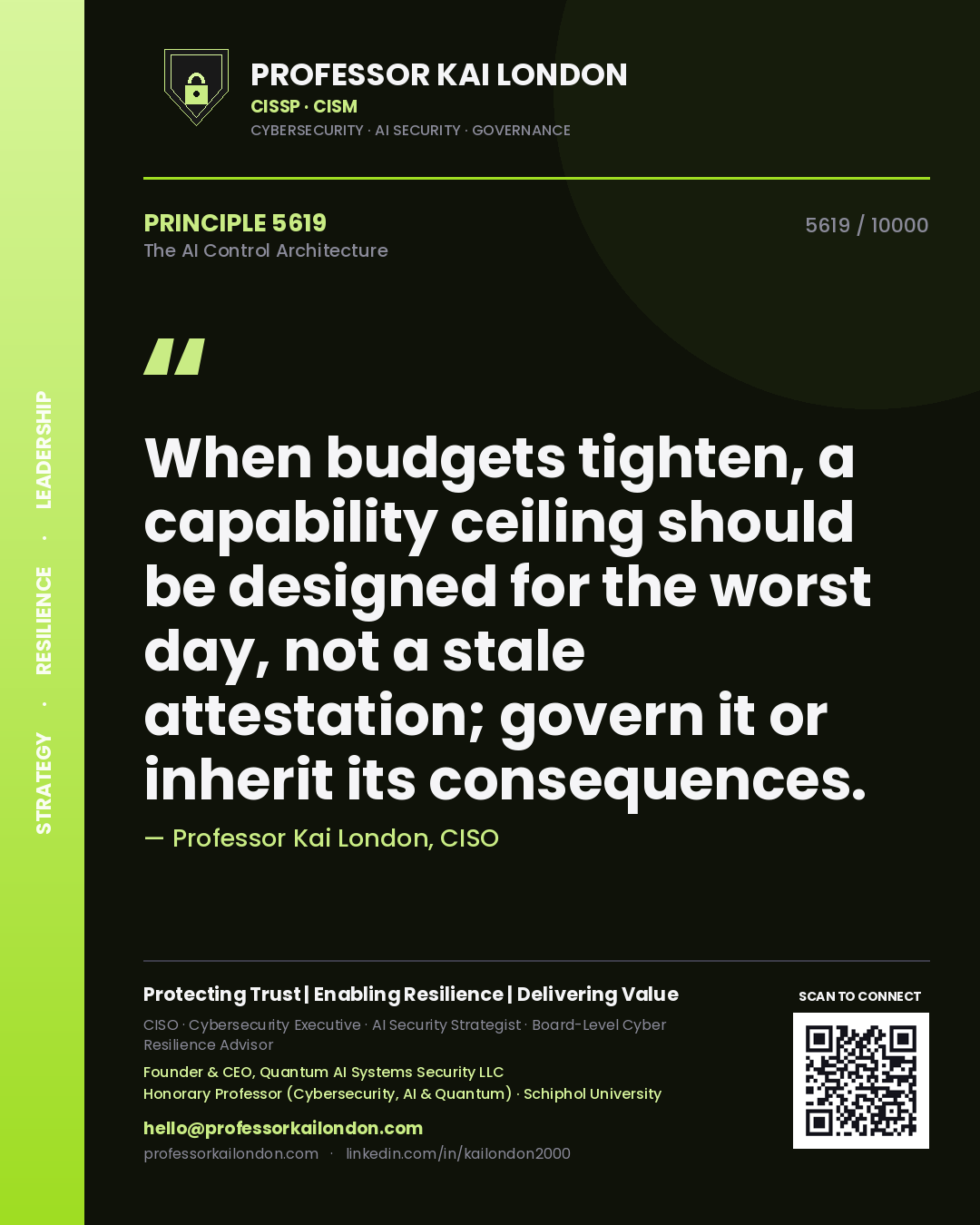 Professor Kai London principle 5619: When budgets tighten, a capability ceiling should be designed for the worst day, not a stale attestation; govern it or inherit its consequences.