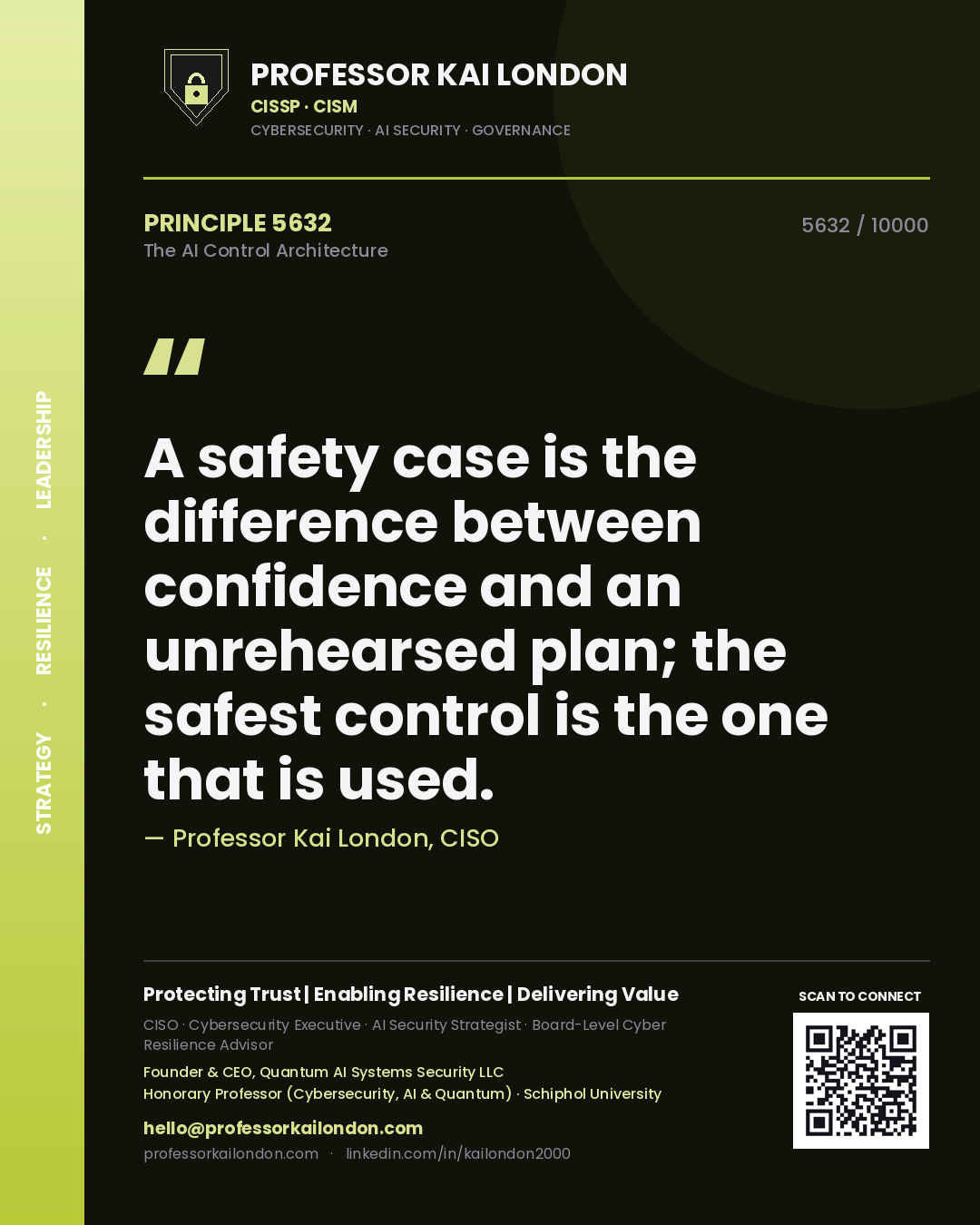 Quote card by Professor Kai London reading 'A safety case is the difference between confidence and an unrehearsed plan; the safest control is the one that is used.'. From the book The AI Control Architecture.