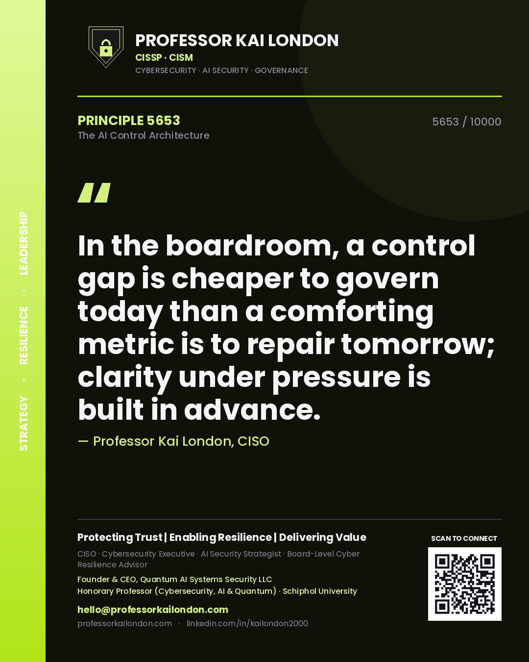 Quote card by Professor Kai London reading 'In the boardroom, a control gap is cheaper to govern today than a comforting metric is to repair tomorrow; clarity under pressure is built in advance.'. From the book The AI Control Architecture.