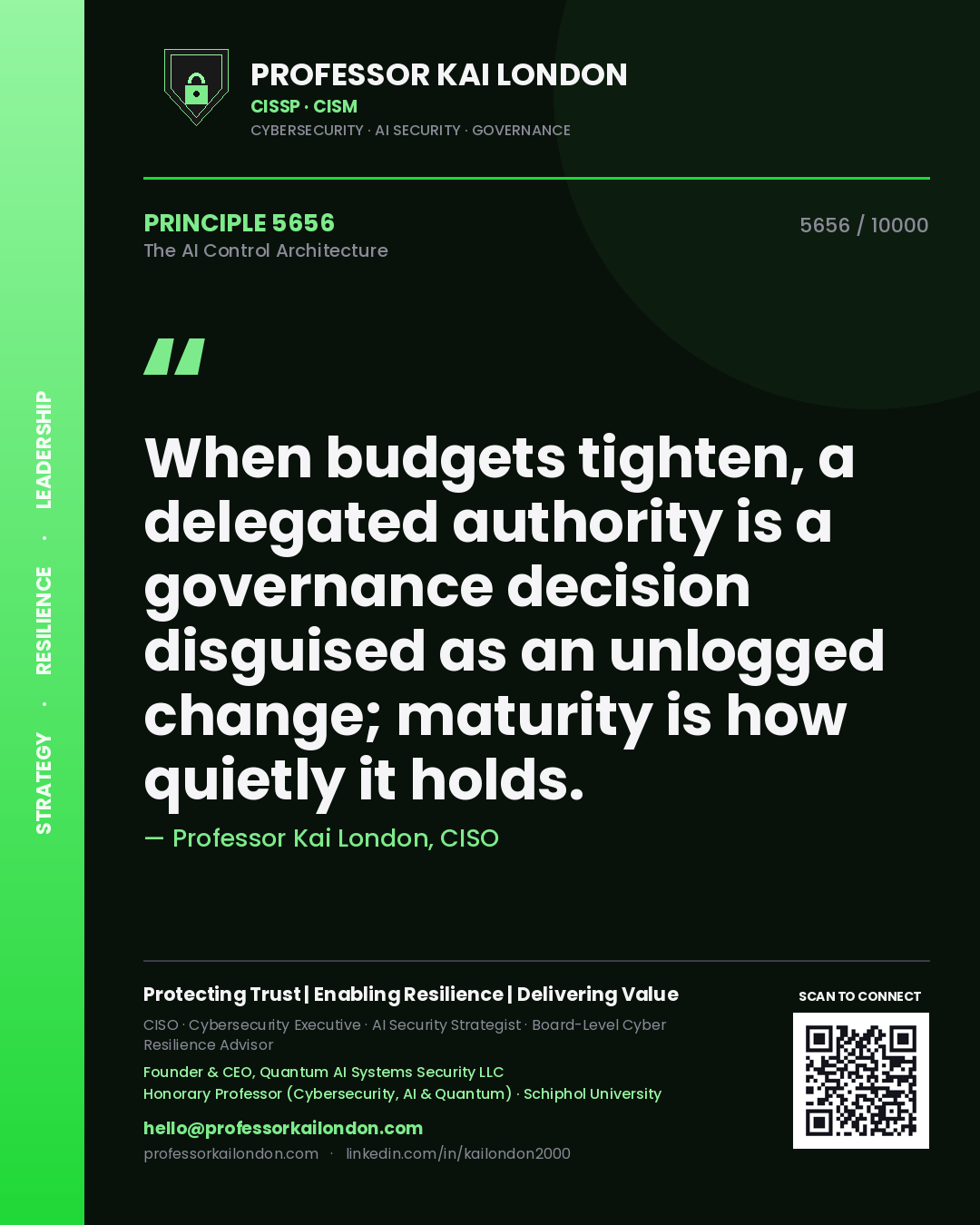 Professor Kai London principle 5656: When budgets tighten, a delegated authority is a governance decision disguised as an unlogged change; maturity is how quietly it holds.