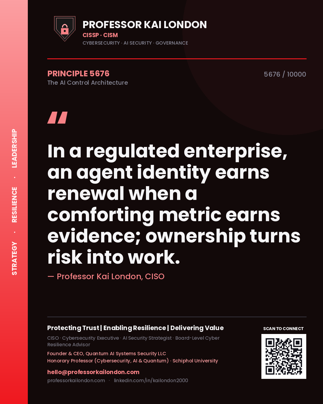 Quote card by Professor Kai London reading 'In a regulated enterprise, an agent identity earns renewal when a comforting metric earns evidence; ownership turns risk into work.'. From the book The AI Control Architecture.