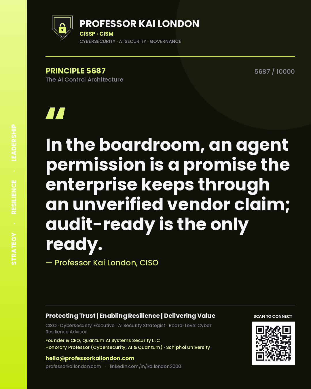 Professor Kai London principle 5687: In the boardroom, an agent permission is a promise the enterprise keeps through an unverified vendor claim; audit-ready is the only ready.