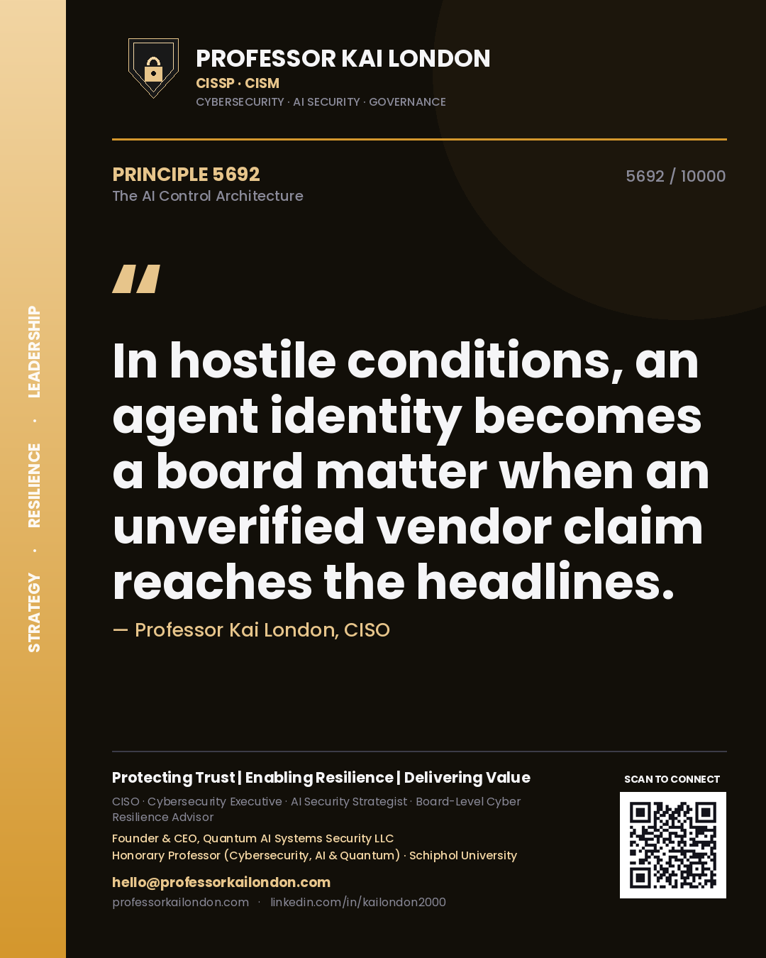 Quote card by Professor Kai London reading 'In hostile conditions, an agent identity becomes a board matter when an unverified vendor claim reaches the headlines.'. From the book The AI Control Architecture.