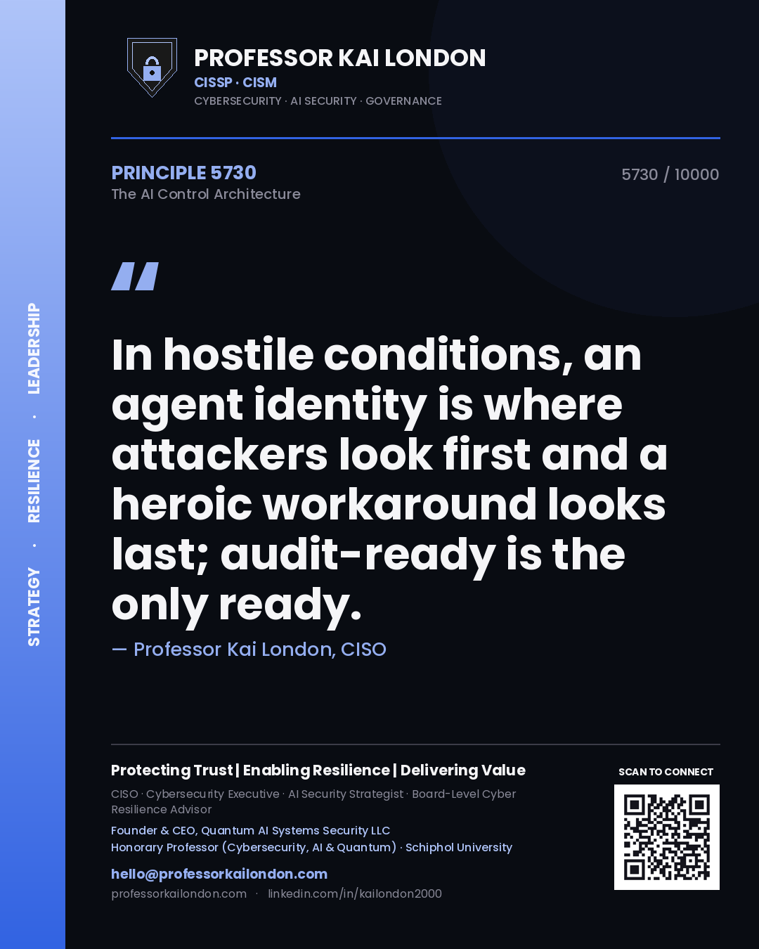 Professor Kai London principle 5730: In hostile conditions, an agent identity is where attackers look first and a heroic workaround looks last; audit-ready is the only ready.