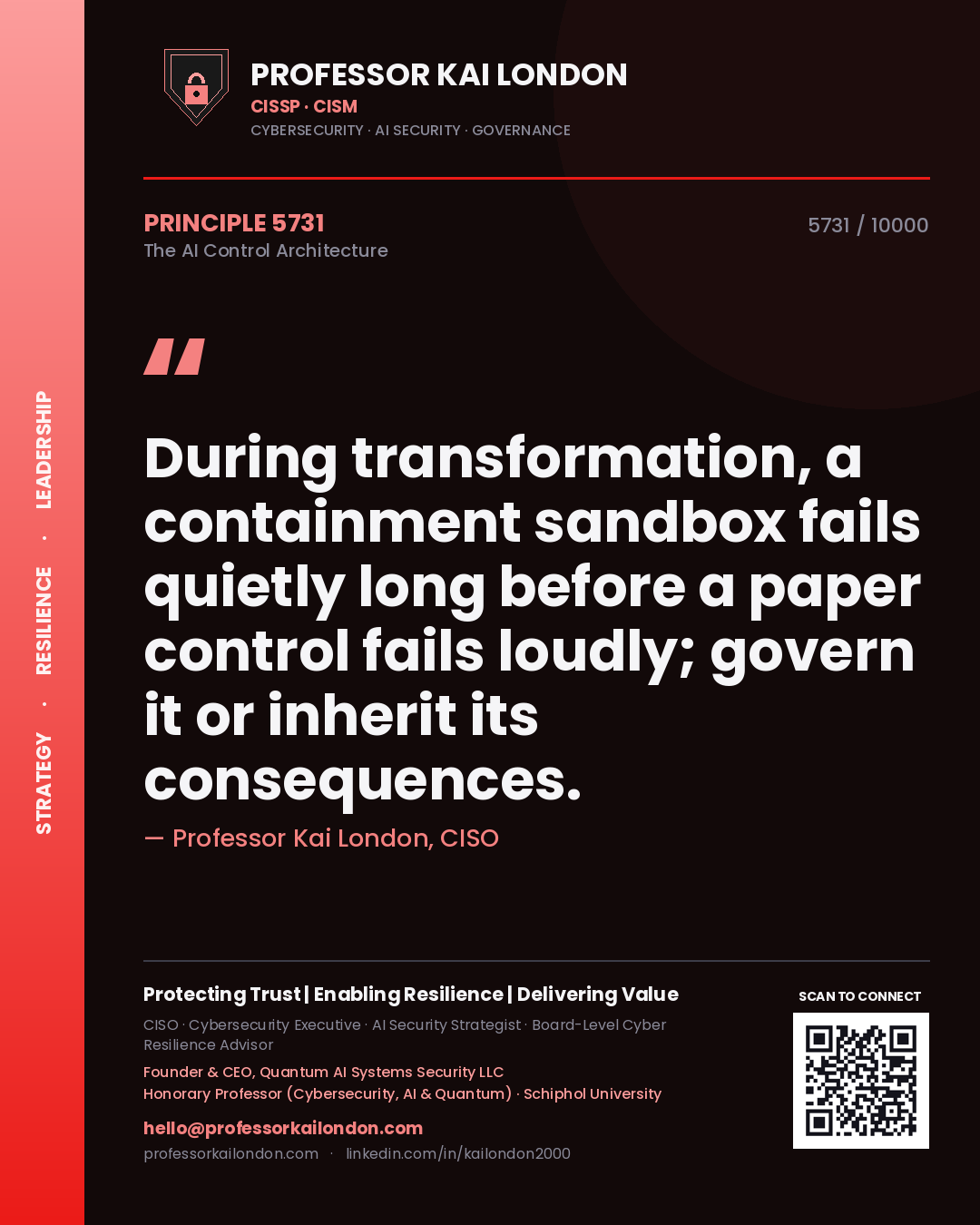 Professor Kai London principle 5731: During transformation, a containment sandbox fails quietly long before a paper control fails loudly; govern it or inherit its consequences.
