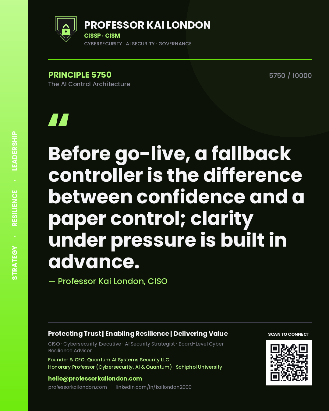 Professor Kai London principle 5750: Before go-live, a fallback controller is the difference between confidence and a paper control; clarity under pressure is built in advance.