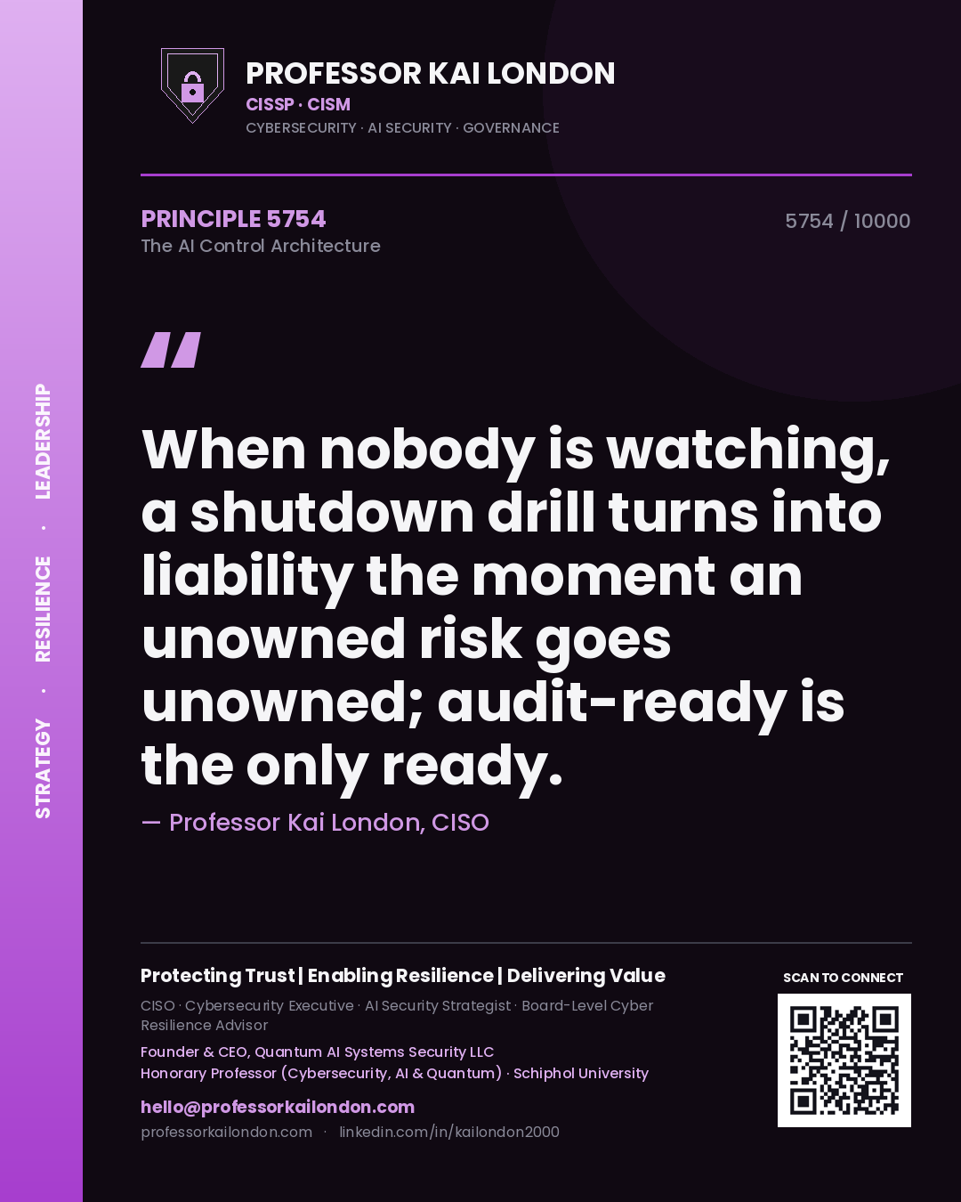 Professor Kai London principle 5754: When nobody is watching, a shutdown drill turns into liability the moment an unowned risk goes unowned; audit-ready is the only ready.