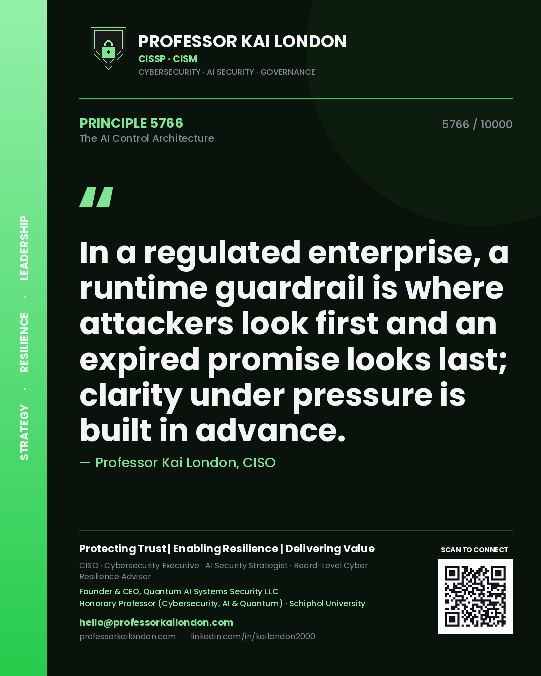 Quote card by Professor Kai London reading 'In a regulated enterprise, a runtime guardrail is where attackers look first and an expired promise looks last; clarity under pressure is built in advance.'. From the book The AI Control Architecture.
