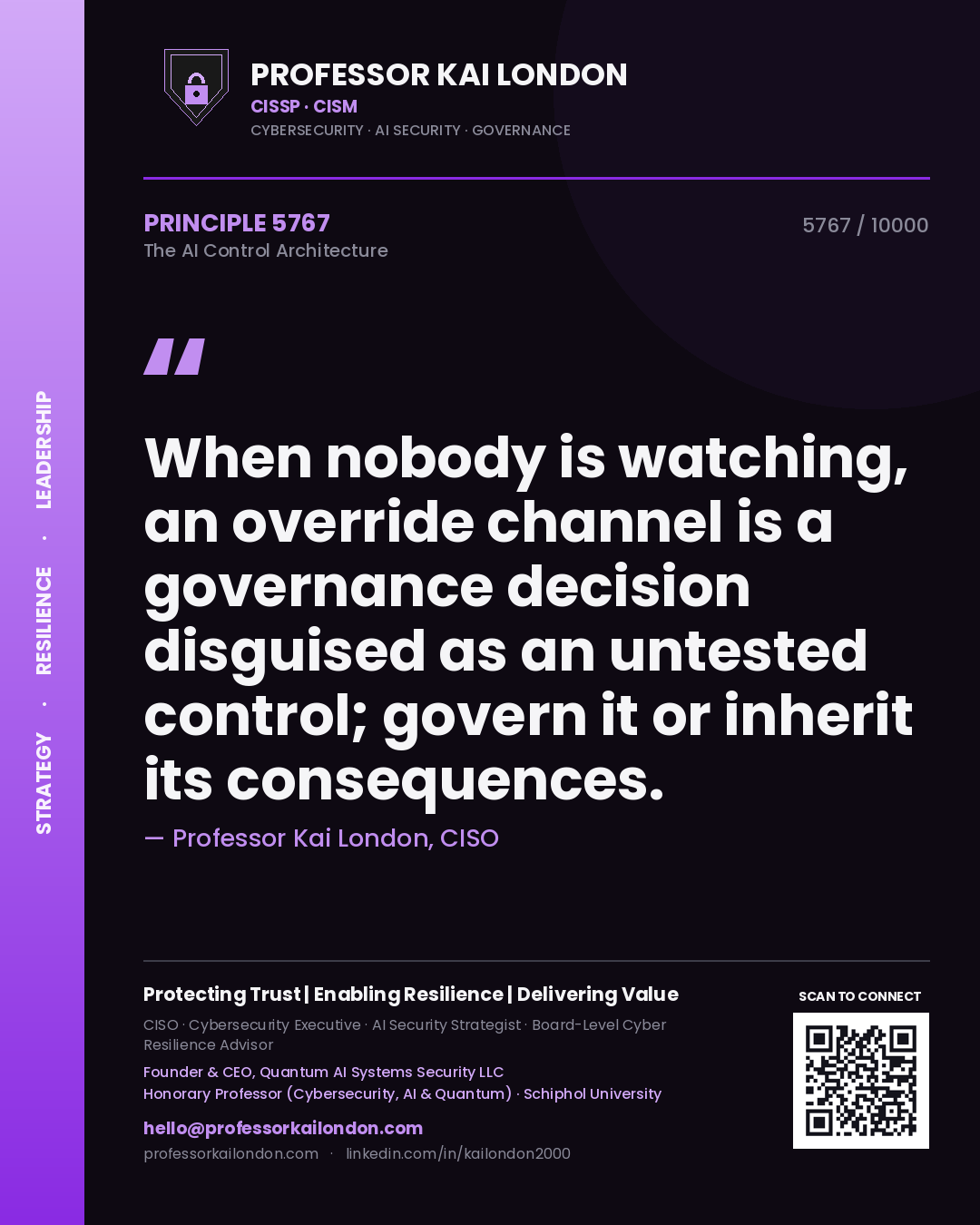 Quote card by Professor Kai London reading 'When nobody is watching, an override channel is a governance decision disguised as an untested control; govern it or inherit its consequences.'. From the book The AI Control Architecture.