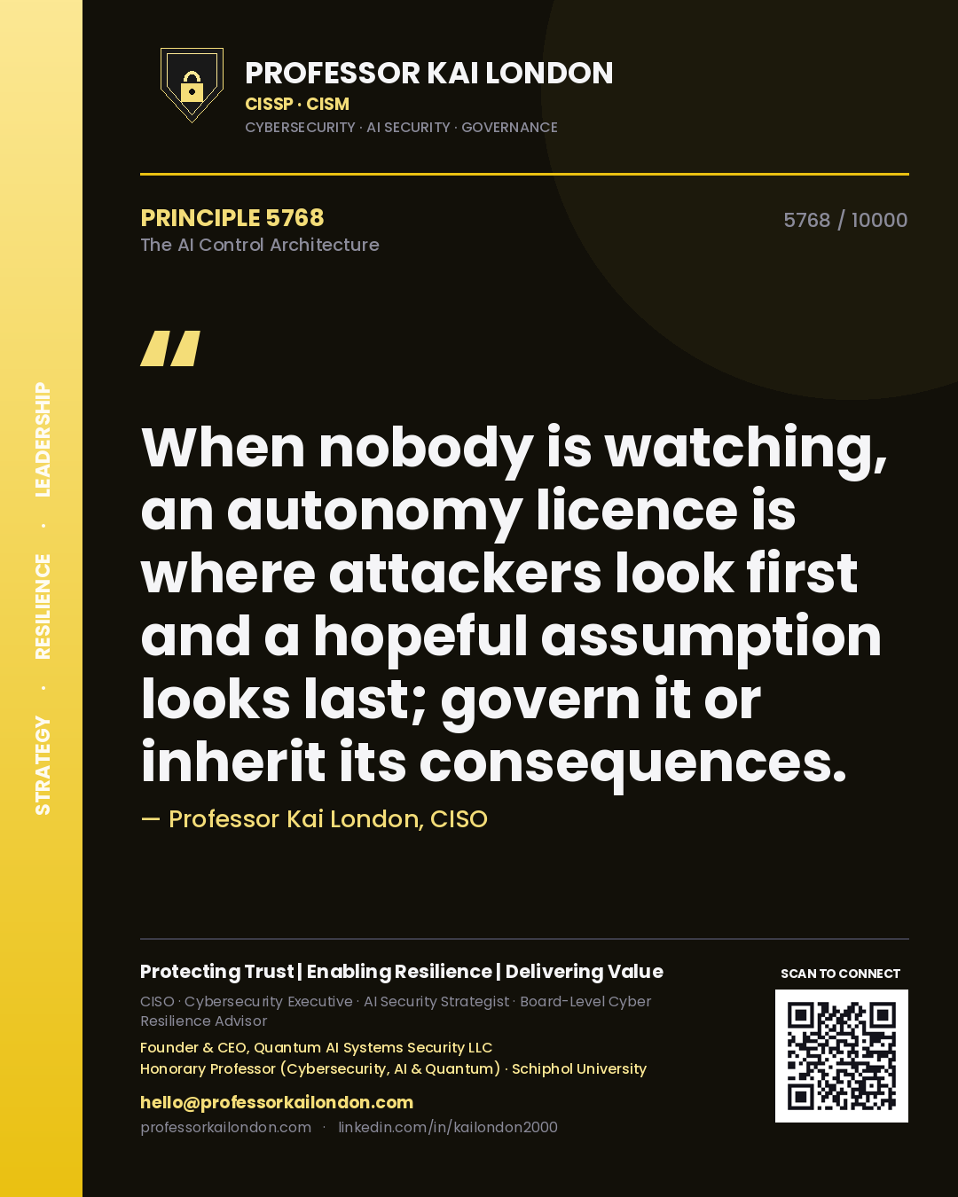 Professor Kai London principle 5768: When nobody is watching, an autonomy licence is where attackers look first and a hopeful assumption looks last; govern it or inherit its consequences.