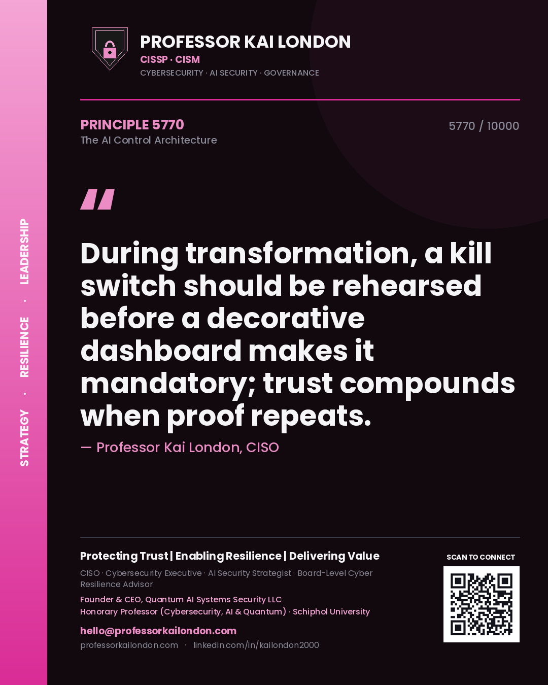 Professor Kai London principle 5770: During transformation, a kill switch should be rehearsed before a decorative dashboard makes it mandatory; trust compounds when proof repeats.