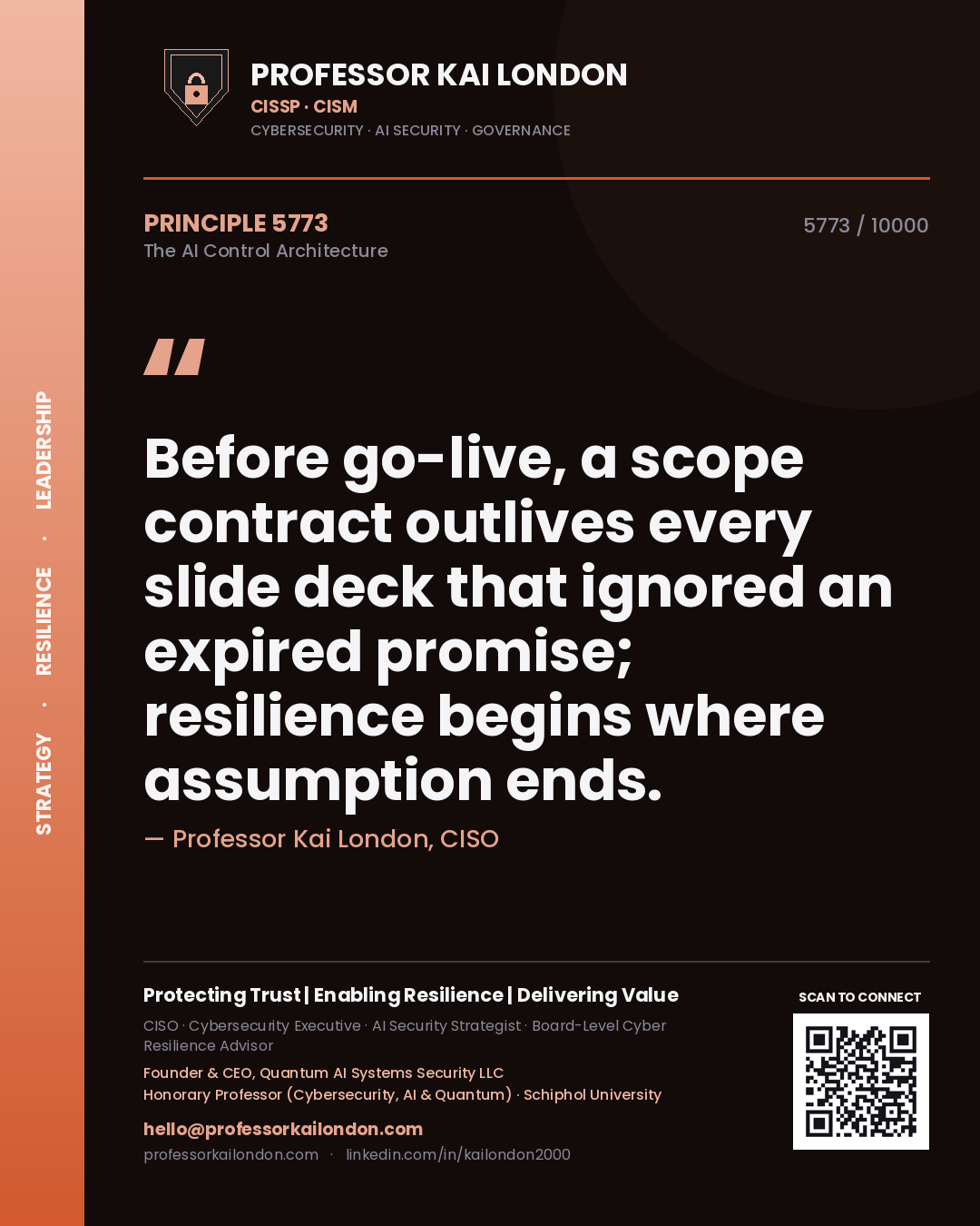 Professor Kai London principle 5773: Before go-live, a scope contract outlives every slide deck that ignored an expired promise; resilience begins where assumption ends.