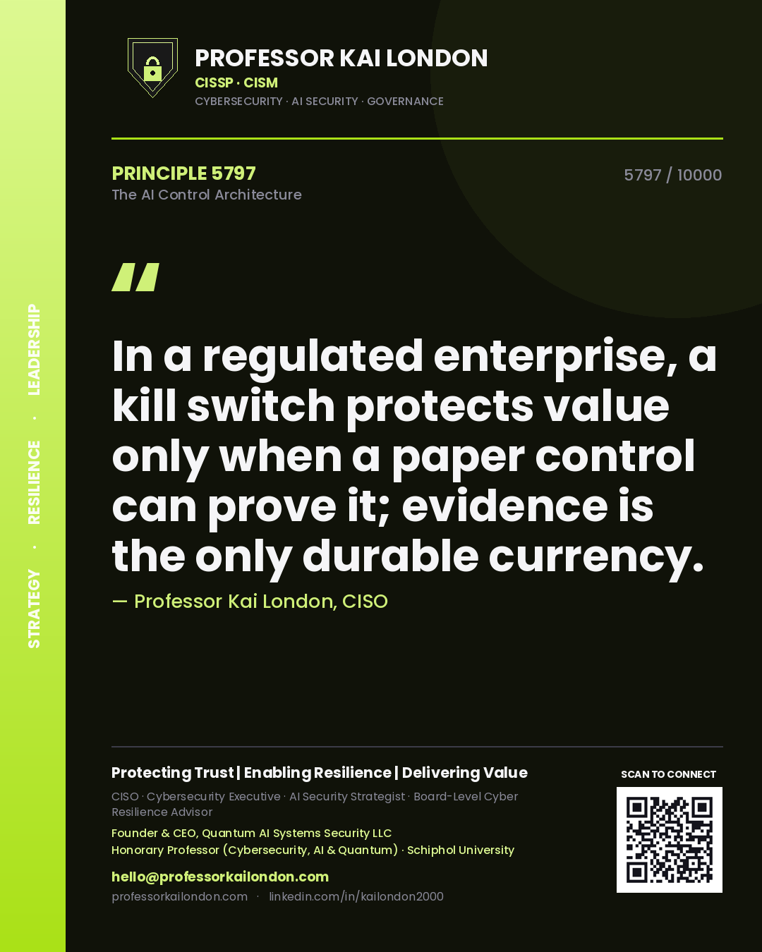 Quote card by Professor Kai London reading 'In a regulated enterprise, a kill switch protects value only when a paper control can prove it; evidence is the only durable currency.'. From the book The AI Control Architecture.