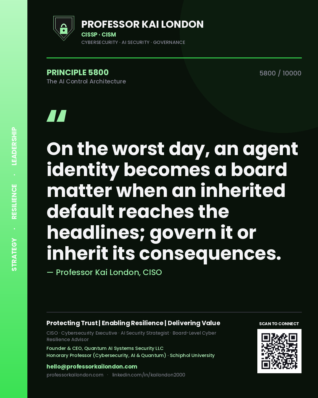Professor Kai London principle 5800: On the worst day, an agent identity becomes a board matter when an inherited default reaches the headlines; govern it or inherit its consequences.