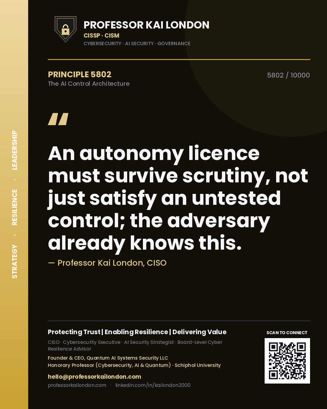 Quote card by Professor Kai London reading 'An autonomy licence must survive scrutiny, not just satisfy an untested control; the adversary already knows this.'. From the book The AI Control Architecture.
