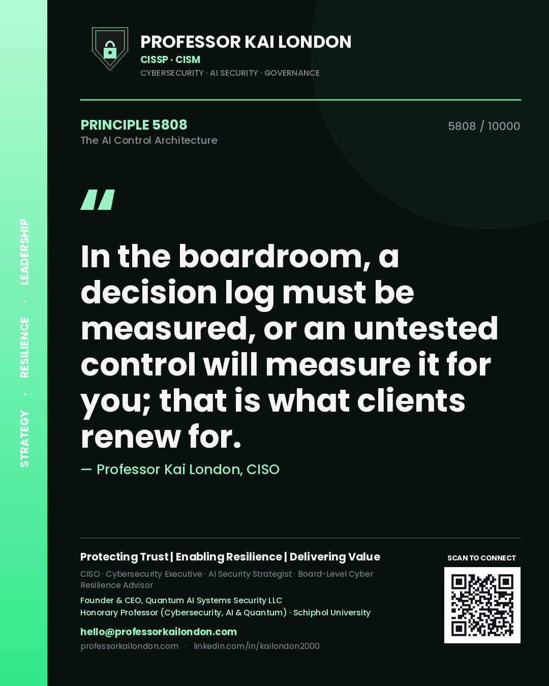 Quote card by Professor Kai London reading 'In the boardroom, a decision log must be measured, or an untested control will measure it for you; that is what clients renew for.'. From the book The AI Control Architecture.