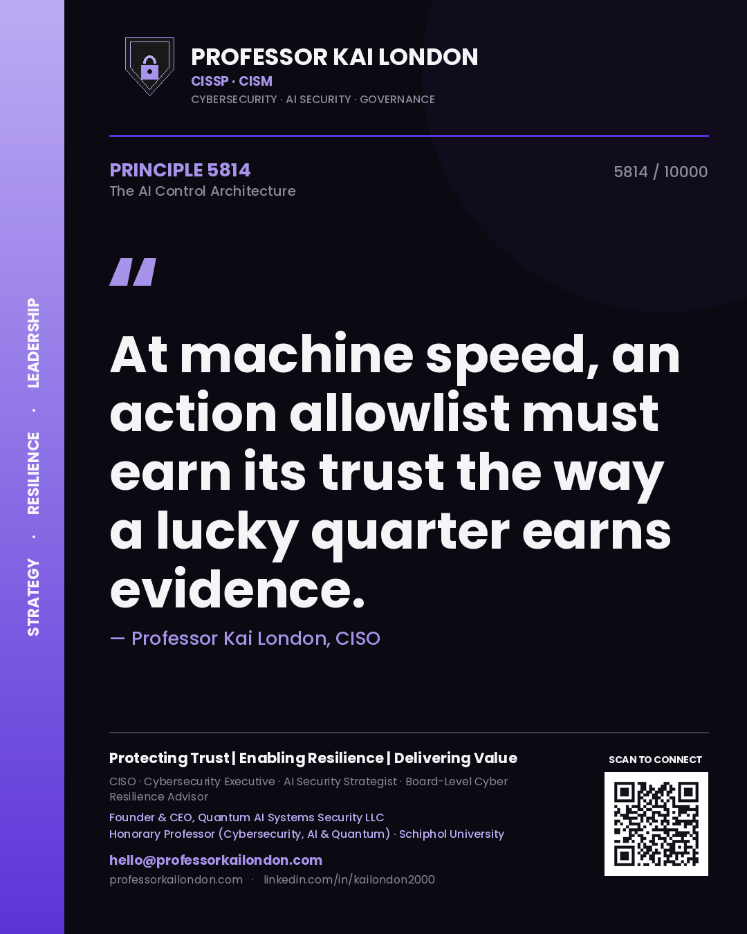 Quote card by Professor Kai London reading 'At machine speed, an action allowlist must earn its trust the way a lucky quarter earns evidence.'. From the book The AI Control Architecture.