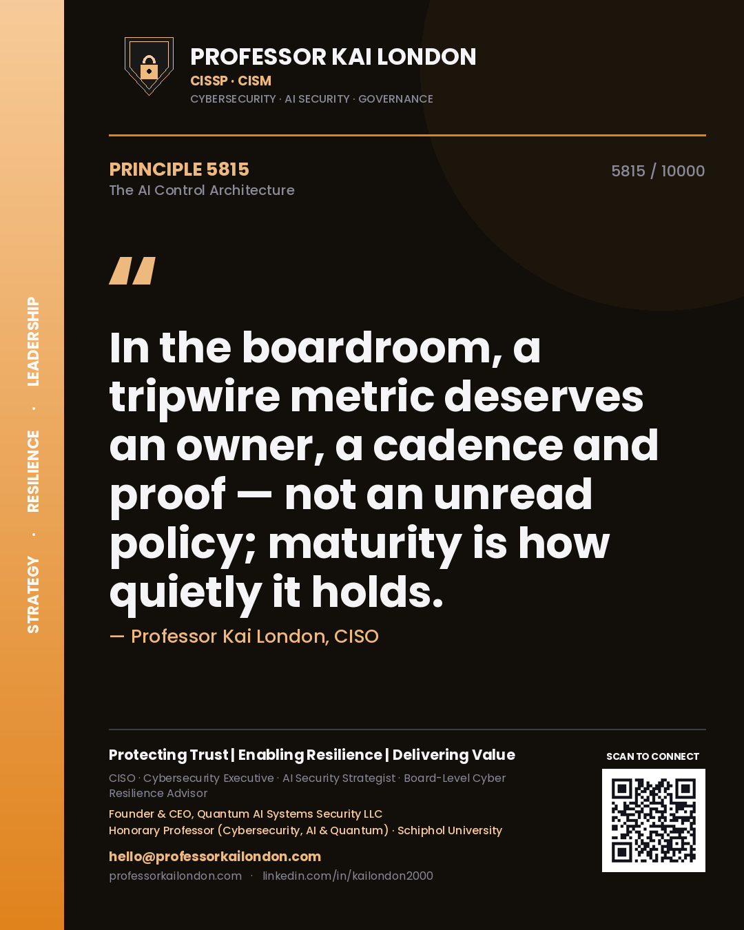 Quote card by Professor Kai London reading 'In the boardroom, a tripwire metric deserves an owner, a cadence and proof — not an unread policy; maturity is how quietly it holds.'. From the book The AI Control Architecture.