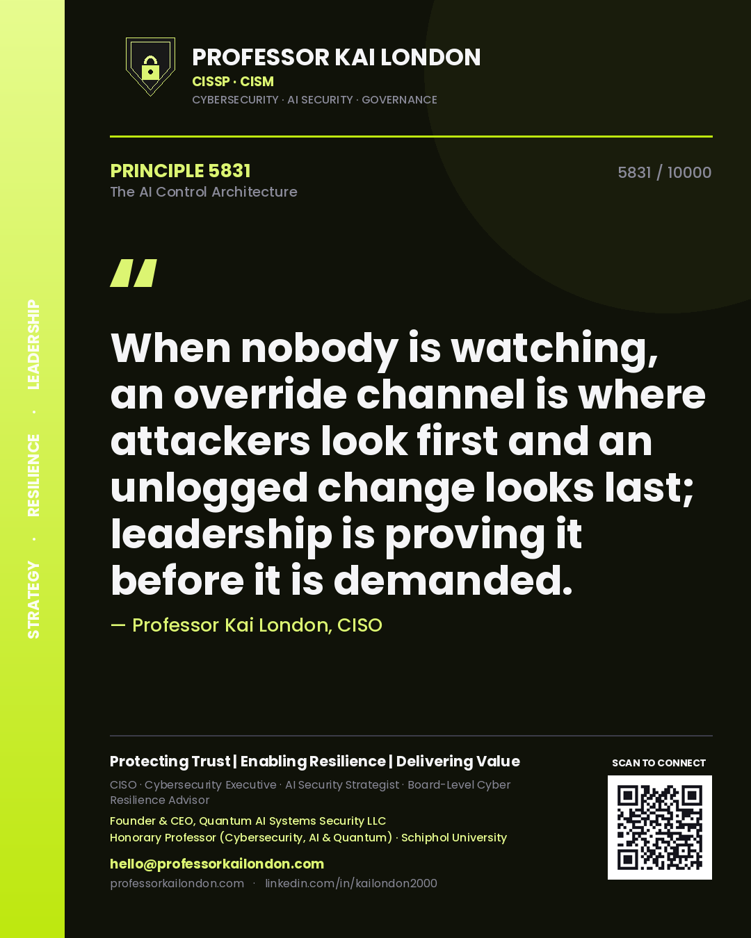Quote card by Professor Kai London reading 'When nobody is watching, an override channel is where attackers look first and an unlogged change looks last; leadership is proving it before it is demanded.'. From the book The AI Control Architecture.