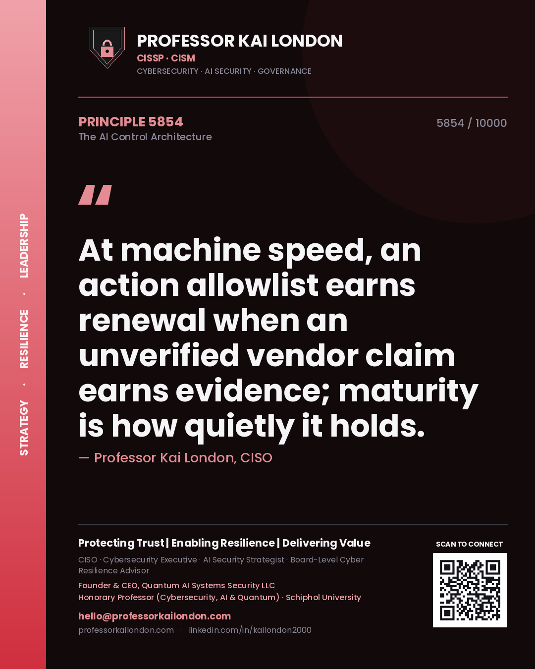 Professor Kai London principle 5854: At machine speed, an action allowlist earns renewal when an unverified vendor claim earns evidence; maturity is how quietly it holds.