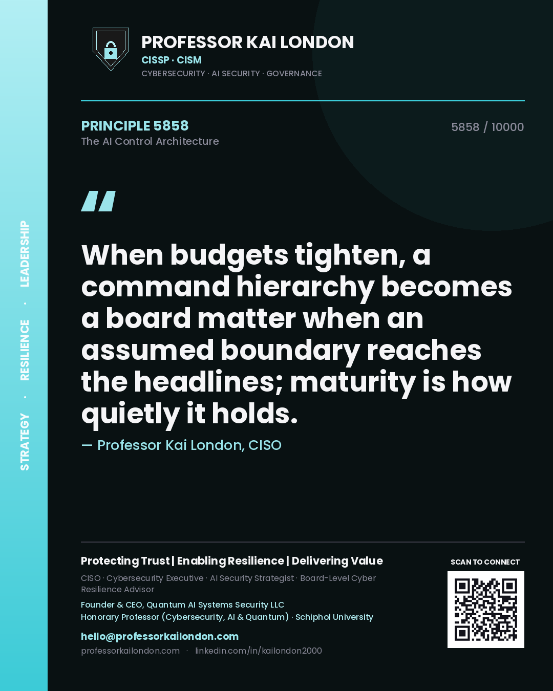 Quote card by Professor Kai London reading 'When budgets tighten, a command hierarchy becomes a board matter when an assumed boundary reaches the headlines; maturity is how quietly it holds.'. From the book The AI Control Architecture.