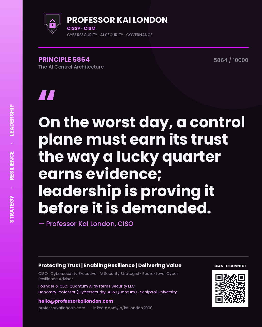 Quote card by Professor Kai London reading 'On the worst day, a control plane must earn its trust the way a lucky quarter earns evidence; leadership is proving it before it is demanded.'. From the book The AI Control Architecture.
