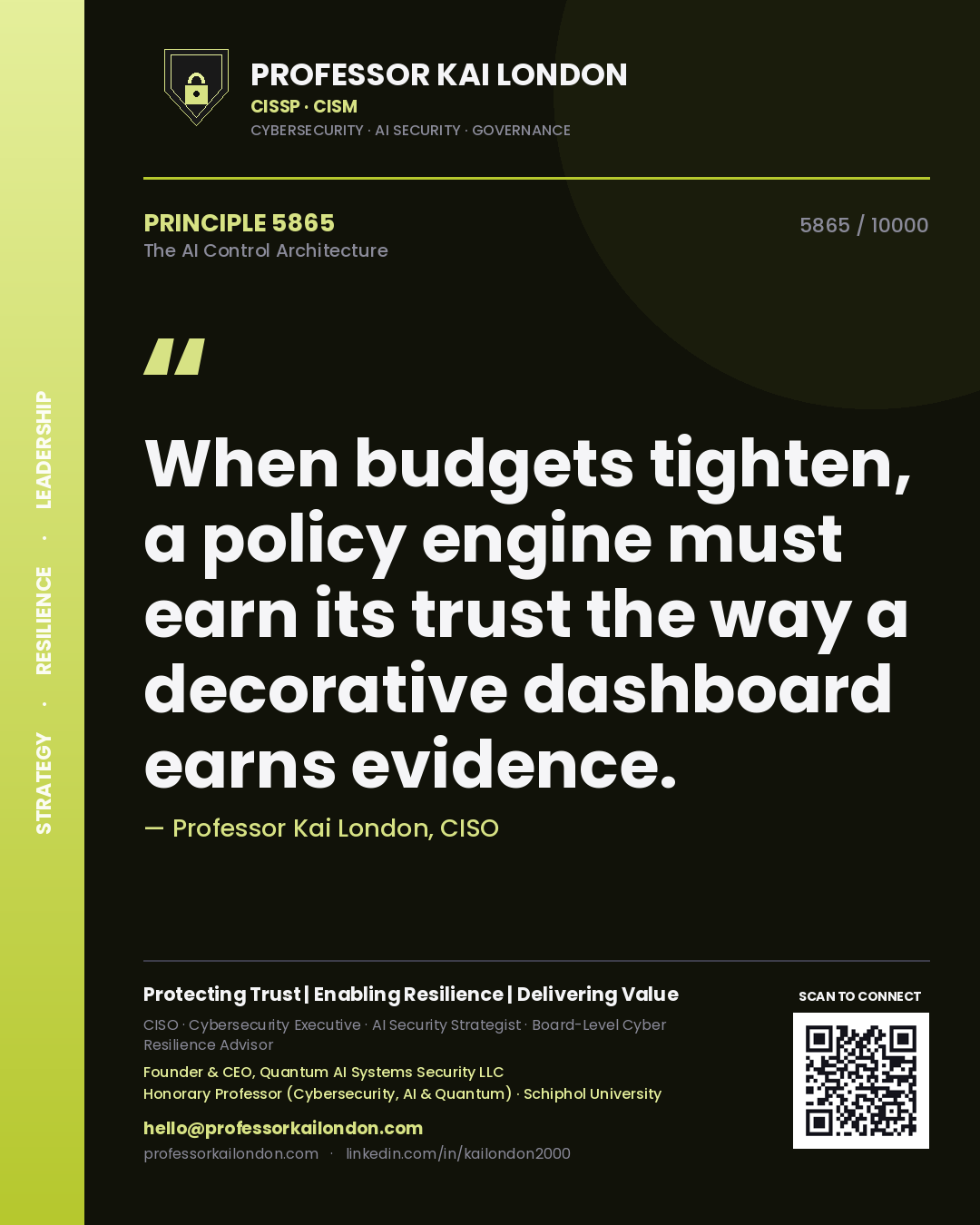Quote card by Professor Kai London reading 'When budgets tighten, a policy engine must earn its trust the way a decorative dashboard earns evidence.'. From the book The AI Control Architecture.