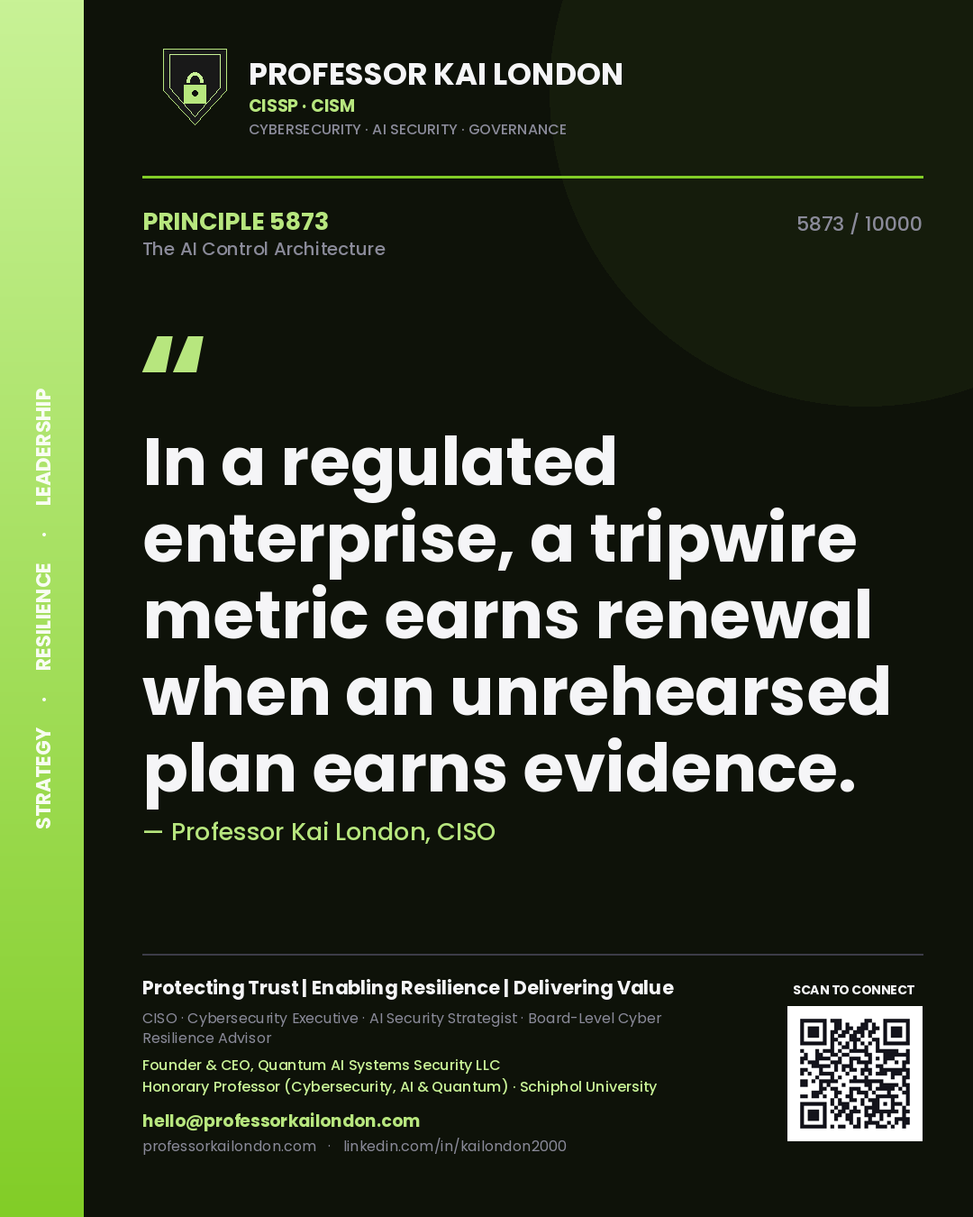 Quote card by Professor Kai London reading 'In a regulated enterprise, a tripwire metric earns renewal when an unrehearsed plan earns evidence.'. From the book The AI Control Architecture.