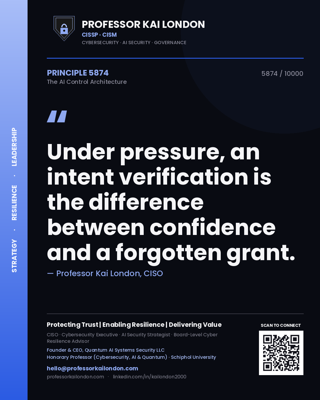 Quote card by Professor Kai London reading 'Under pressure, an intent verification is the difference between confidence and a forgotten grant.'. From the book The AI Control Architecture.