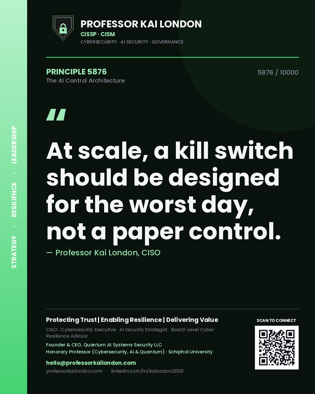 Quote card by Professor Kai London reading 'At scale, a kill switch should be designed for the worst day, not a paper control.'. From the book The AI Control Architecture.