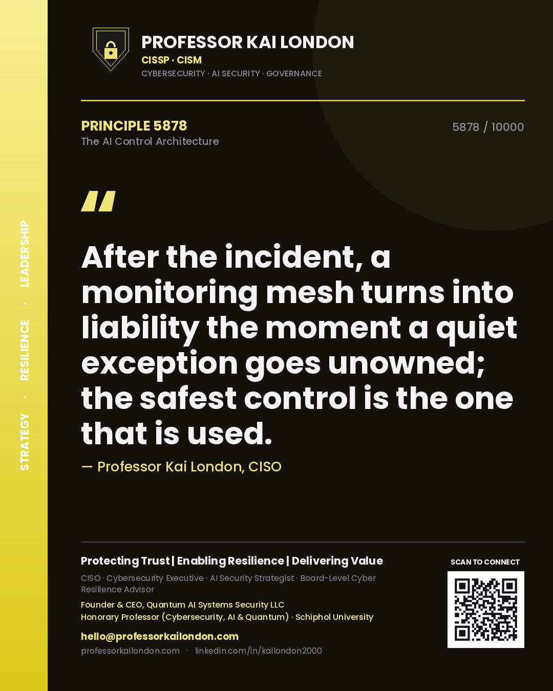 Professor Kai London principle 5878: After the incident, a monitoring mesh turns into liability the moment a quiet exception goes unowned; the safest control is the one that is used.