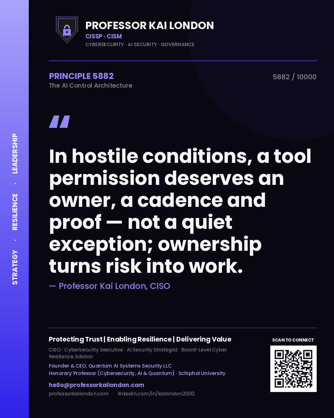 Professor Kai London principle 5882: In hostile conditions, a tool permission deserves an owner, a cadence and proof — not a quiet exception; ownership turns risk into work.