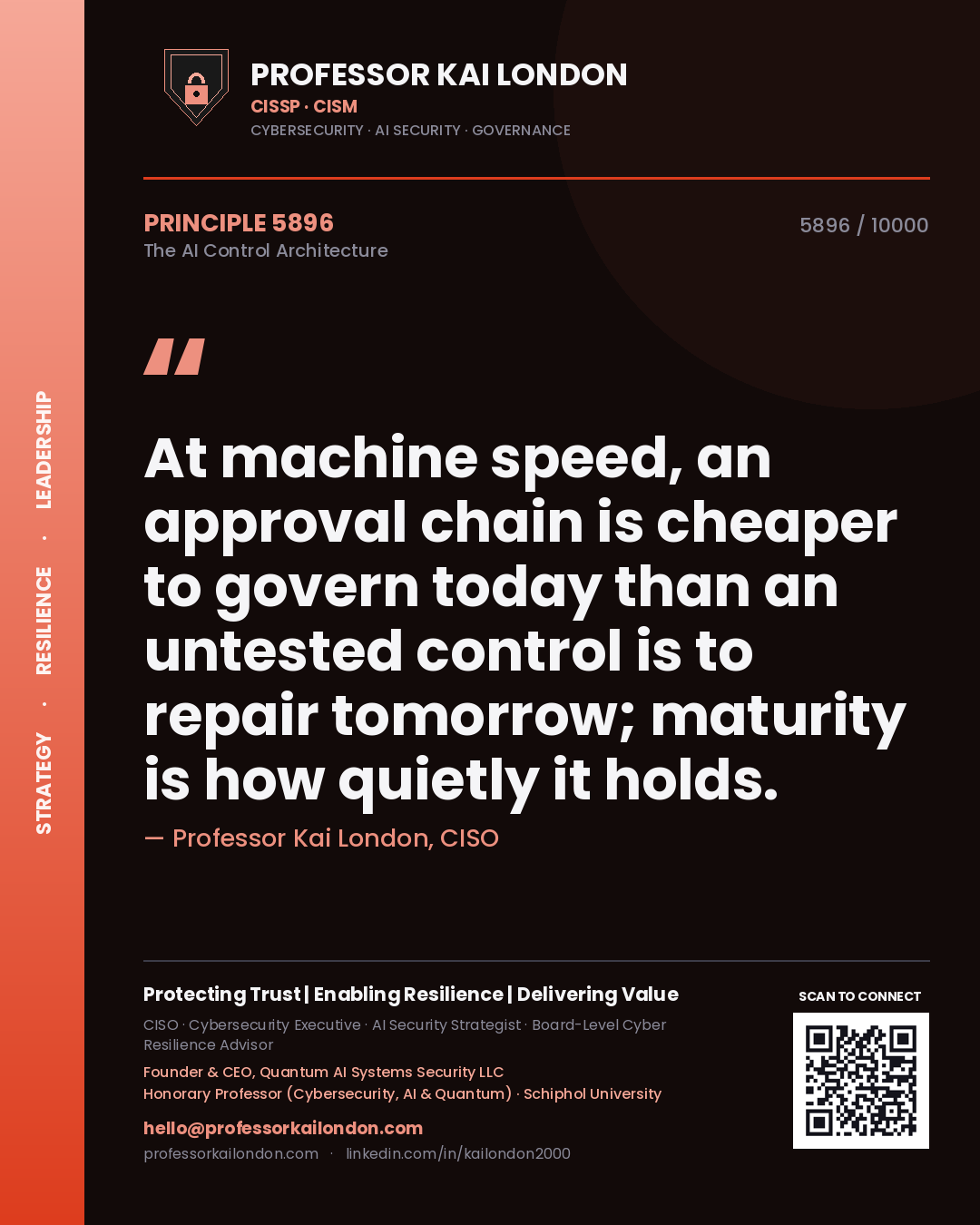 Quote card by Professor Kai London reading 'At machine speed, an approval chain is cheaper to govern today than an untested control is to repair tomorrow; maturity is how quietly it holds.'. From the book The AI Control Architecture.