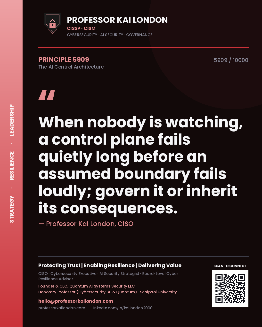 Professor Kai London principle 5909: When nobody is watching, a control plane fails quietly long before an assumed boundary fails loudly; govern it or inherit its consequences.