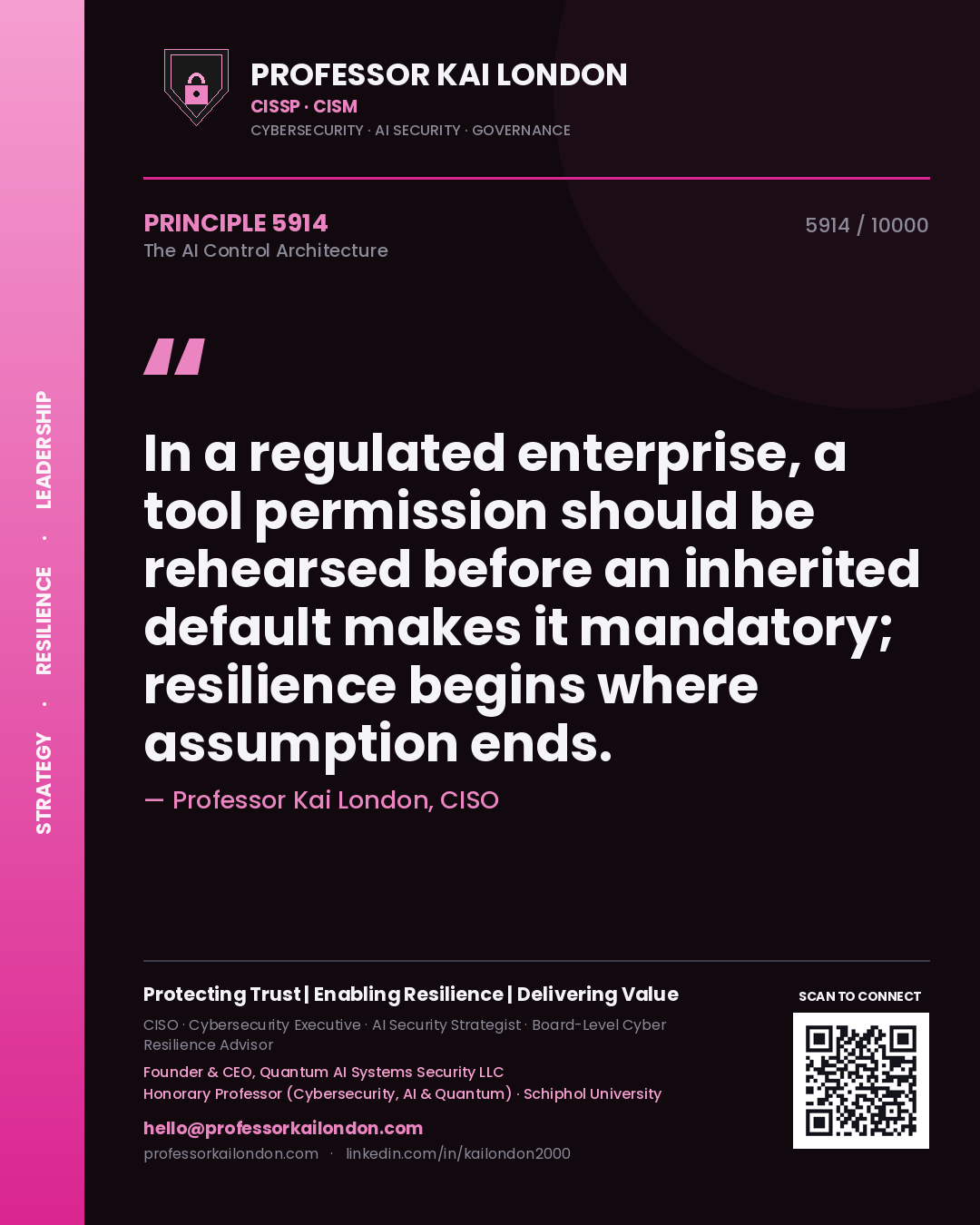 Professor Kai London principle 5914: In a regulated enterprise, a tool permission should be rehearsed before an inherited default makes it mandatory; resilience begins where assumption ends.