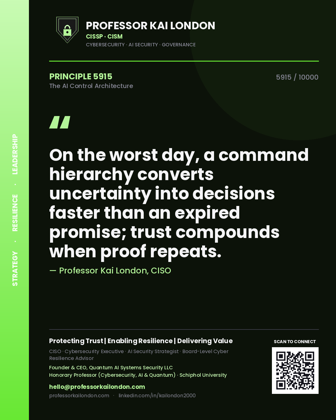 Professor Kai London principle 5915: On the worst day, a command hierarchy converts uncertainty into decisions faster than an expired promise; trust compounds when proof repeats.