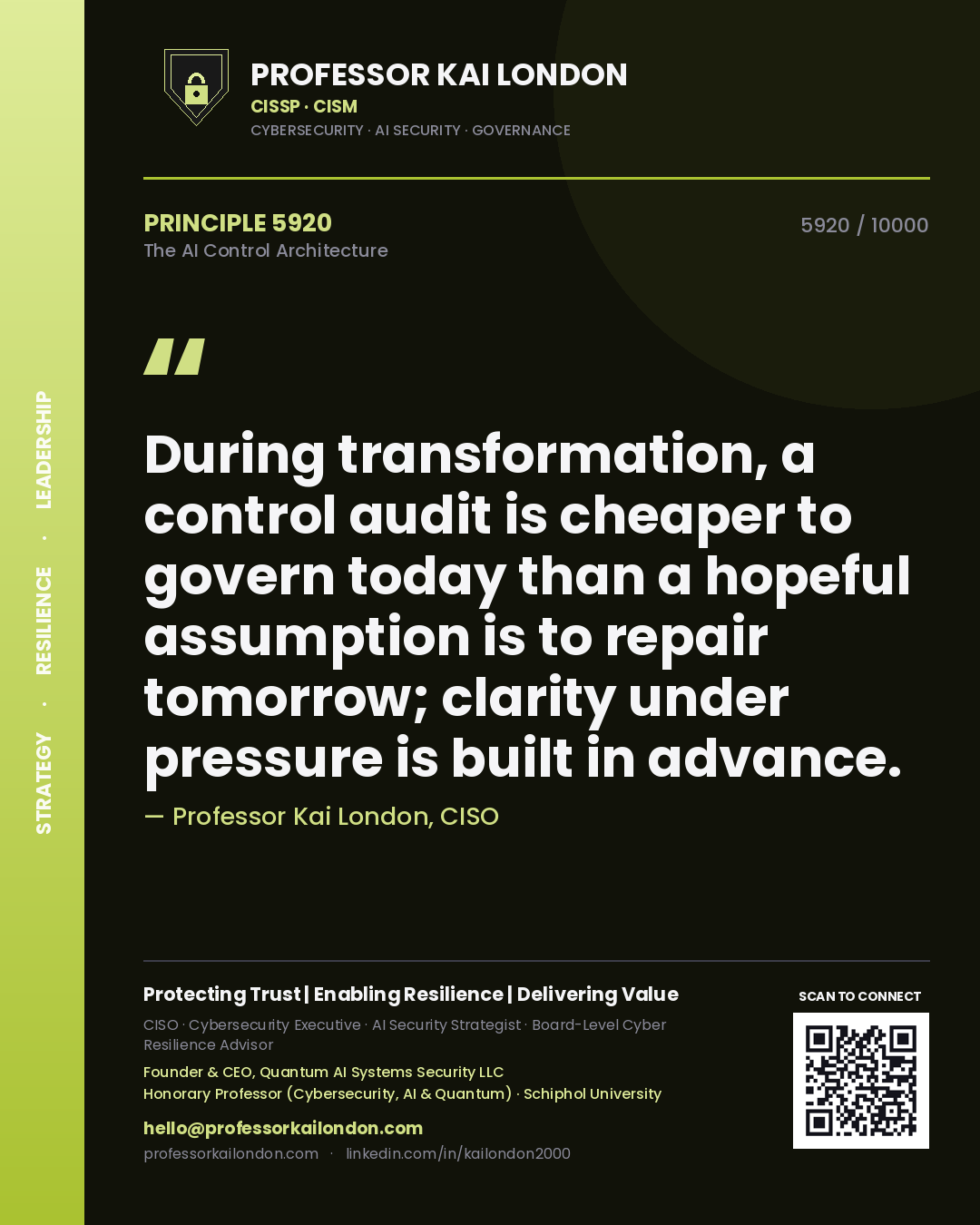 Professor Kai London principle 5920: During transformation, a control audit is cheaper to govern today than a hopeful assumption is to repair tomorrow; clarity under pressure is built in advance.