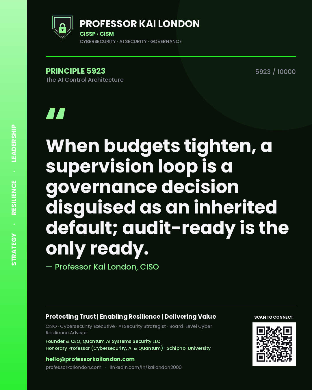 Professor Kai London principle 5923: When budgets tighten, a supervision loop is a governance decision disguised as an inherited default; audit-ready is the only ready.