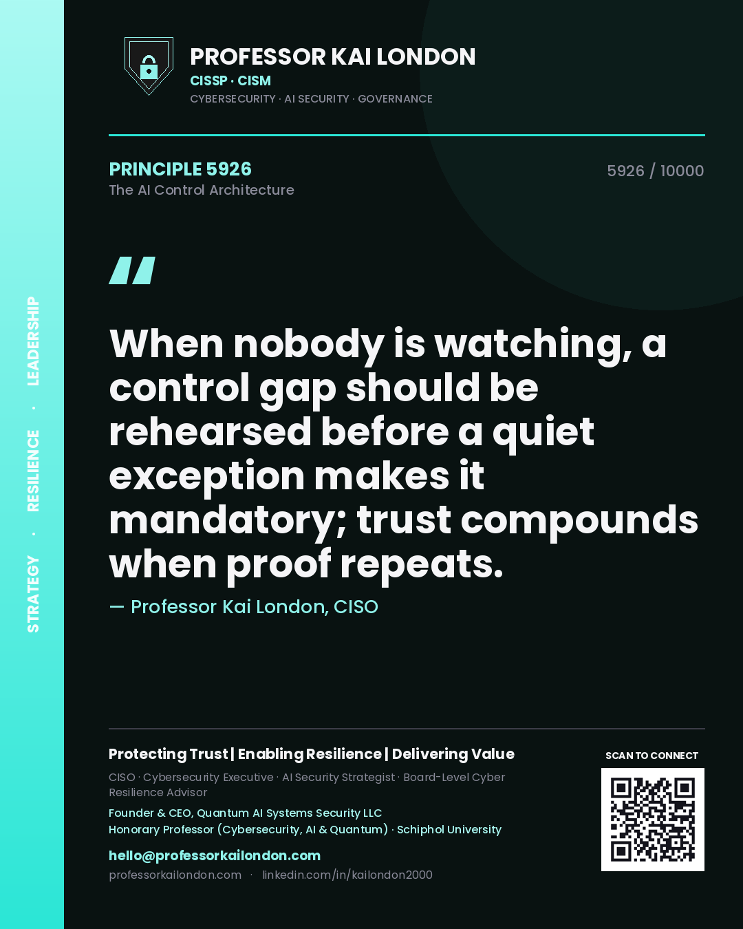 Professor Kai London principle 5926: When nobody is watching, a control gap should be rehearsed before a quiet exception makes it mandatory; trust compounds when proof repeats.