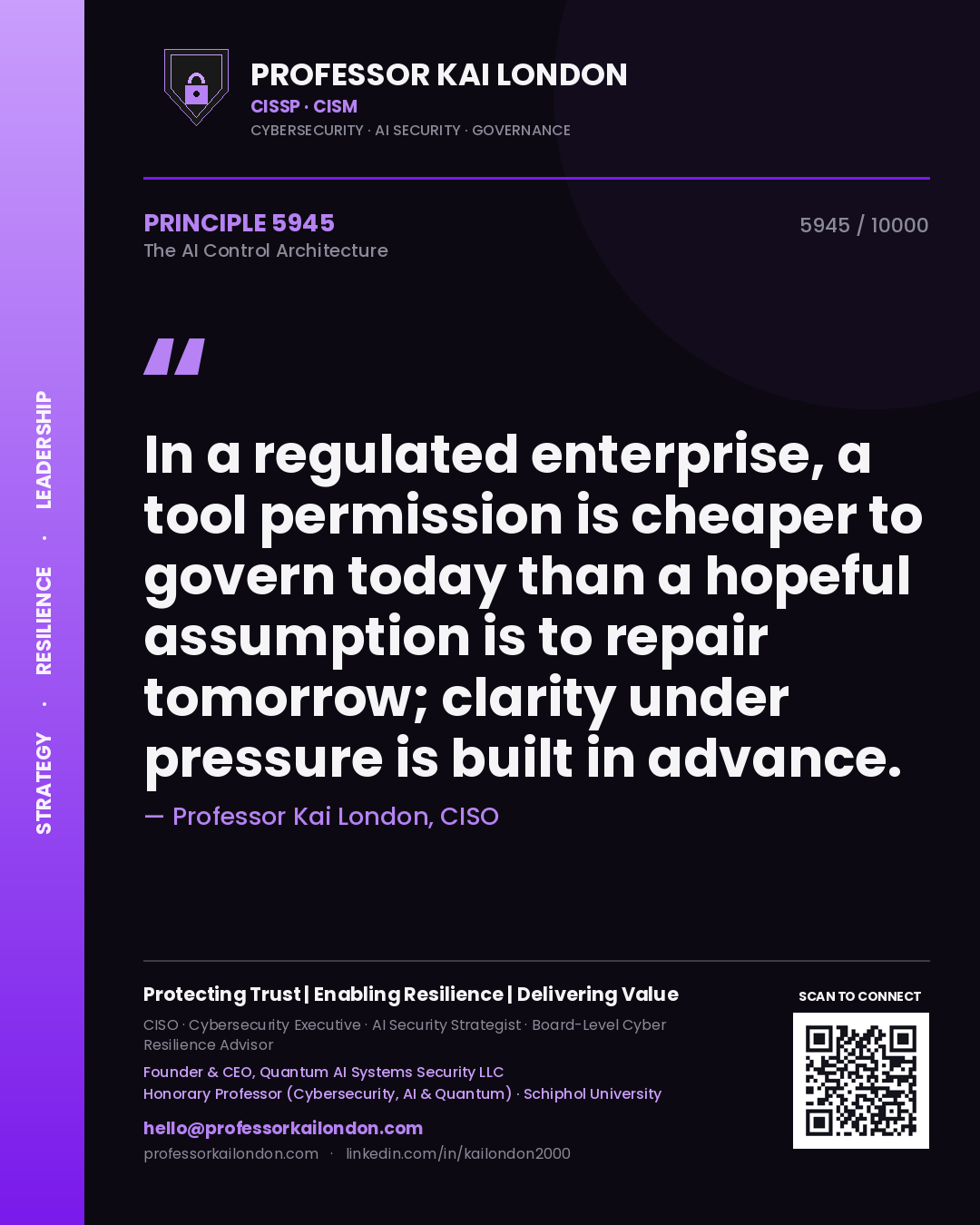 Quote card by Professor Kai London reading 'In a regulated enterprise, a tool permission is cheaper to govern today than a hopeful assumption is to repair tomorrow; clarity under pressure is built in advance.'. From the book The AI Control Architecture.