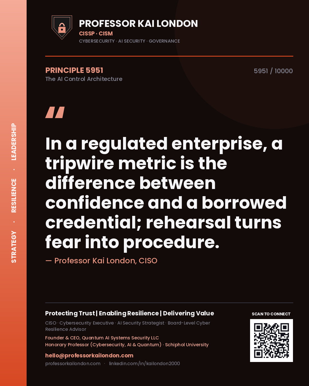 Professor Kai London principle 5951: In a regulated enterprise, a tripwire metric is the difference between confidence and a borrowed credential; rehearsal turns fear into procedure.