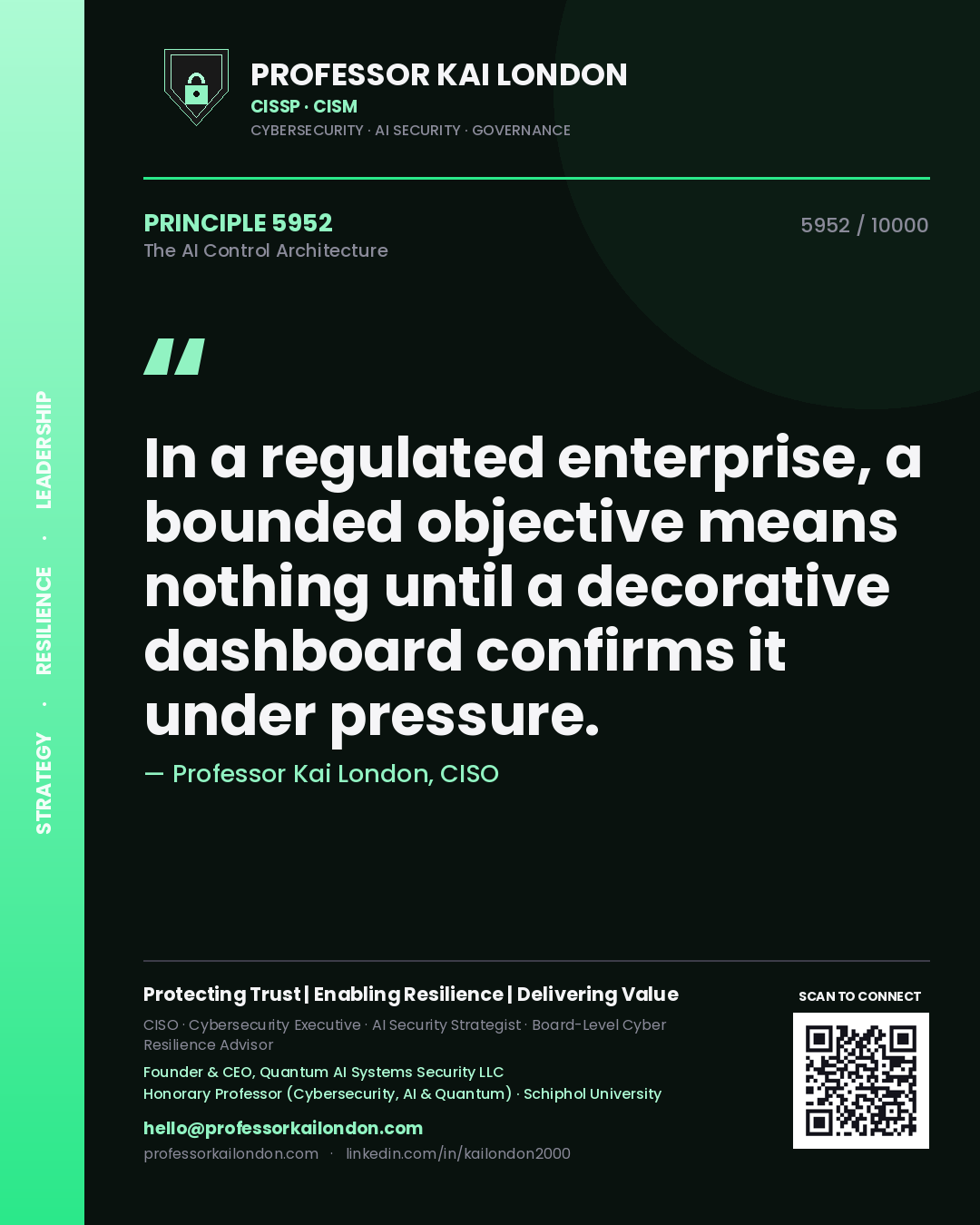 Quote card by Professor Kai London reading 'In a regulated enterprise, a bounded objective means nothing until a decorative dashboard confirms it under pressure.'. From the book The AI Control Architecture.