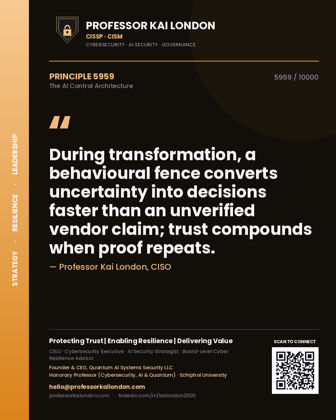 Professor Kai London principle 5959: During transformation, a behavioural fence converts uncertainty into decisions faster than an unverified vendor claim; trust compounds when proof repeats.