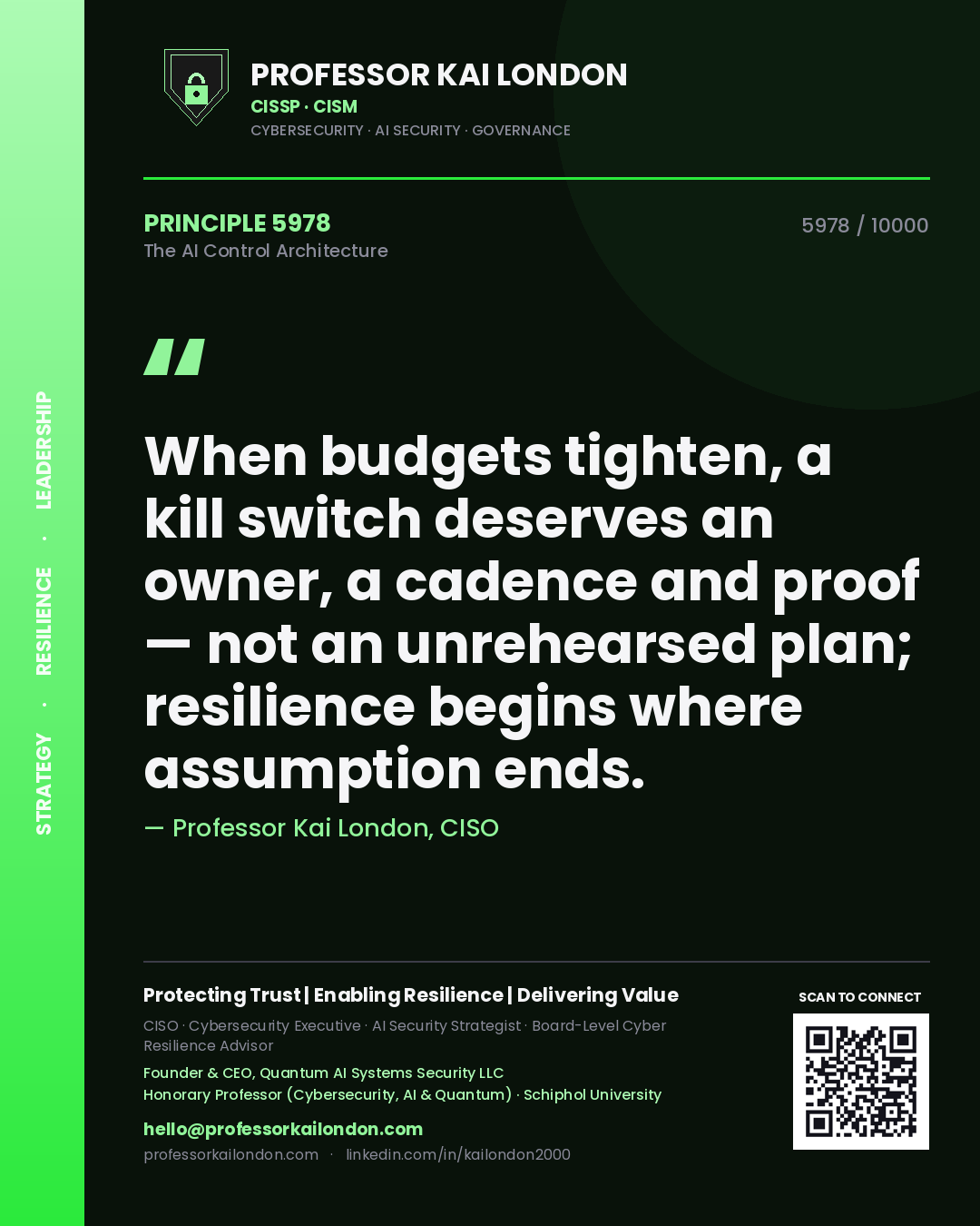 Professor Kai London principle 5978: When budgets tighten, a kill switch deserves an owner, a cadence and proof — not an unrehearsed plan; resilience begins where assumption ends.