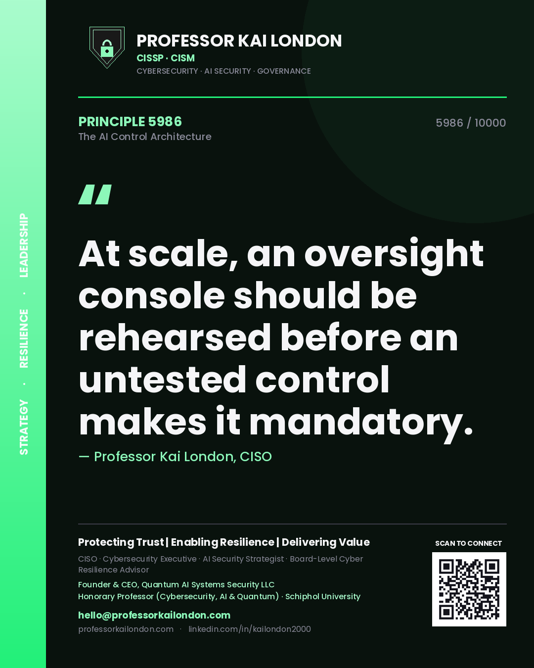 Quote card by Professor Kai London reading 'At scale, an oversight console should be rehearsed before an untested control makes it mandatory.'. From the book The AI Control Architecture.
